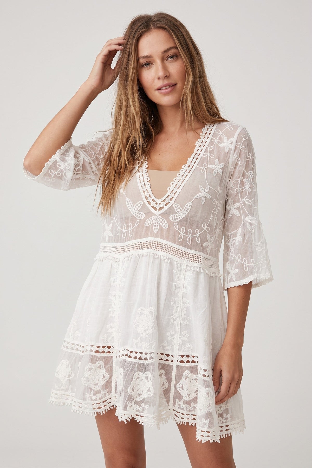 Beach Dress Women - Floral Lace Dress with V-Neck