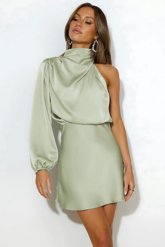 Dress Women - Maxi Satin Dress with One-Shoulder Neckline