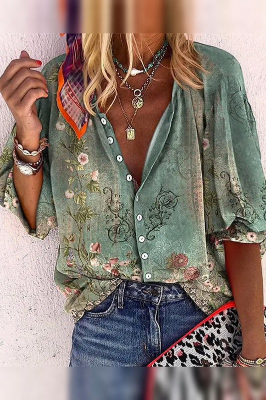 Blouse Women - Boho Floral Blouse with Flared Sleeves