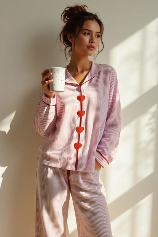 Pyjama Set Women - Heart Button Pyjama Set with Contrast Trim