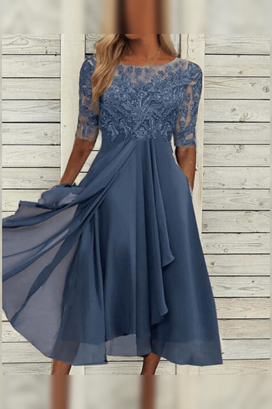Midi Dress Women - Lace Detail Flowing Dress with Airy Skirt