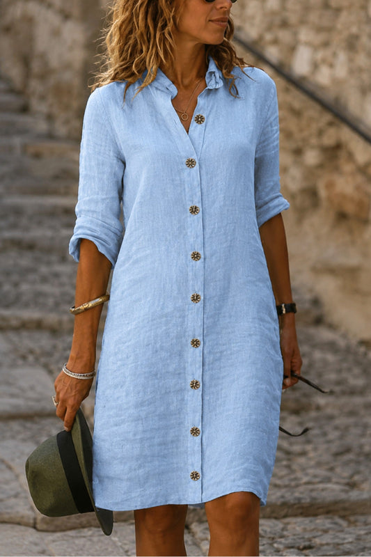 Midi Dress Women - Breathable Linen Dress with Collar and Button Front