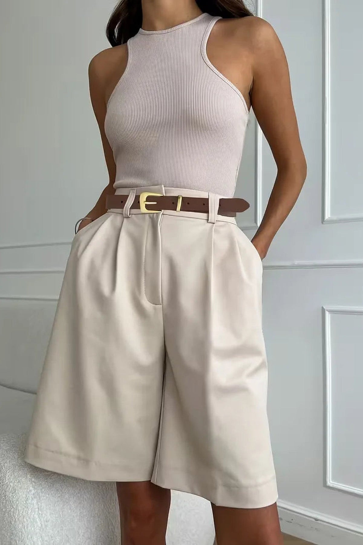 Shorts Women - High-Waist Shorts with Gold Buckle Detail