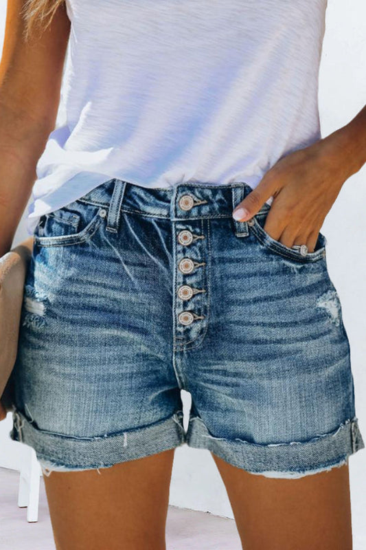 Denim Shorts Women - Button-Front Denim Shorts with Folded Hem