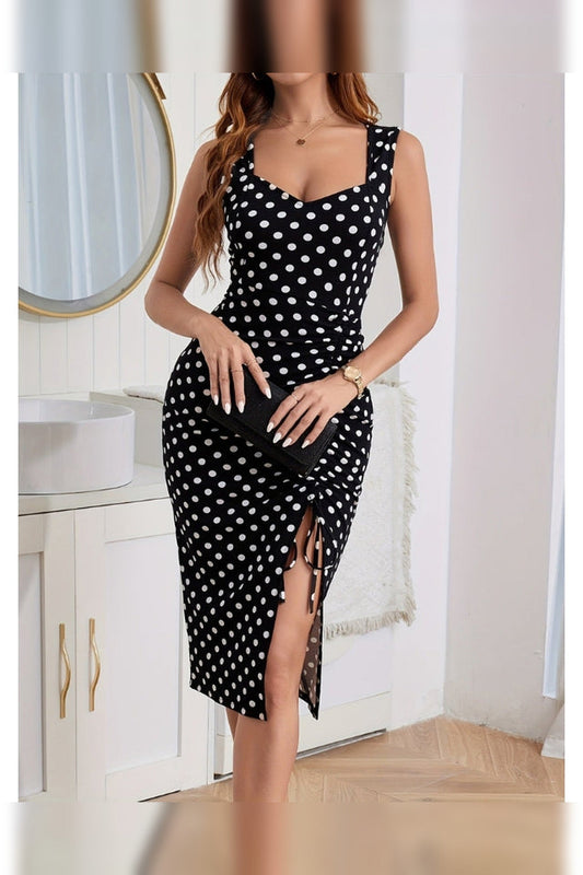 Midi Dress Women - Polka Dot Midi Dress with Side Slit and Ruching