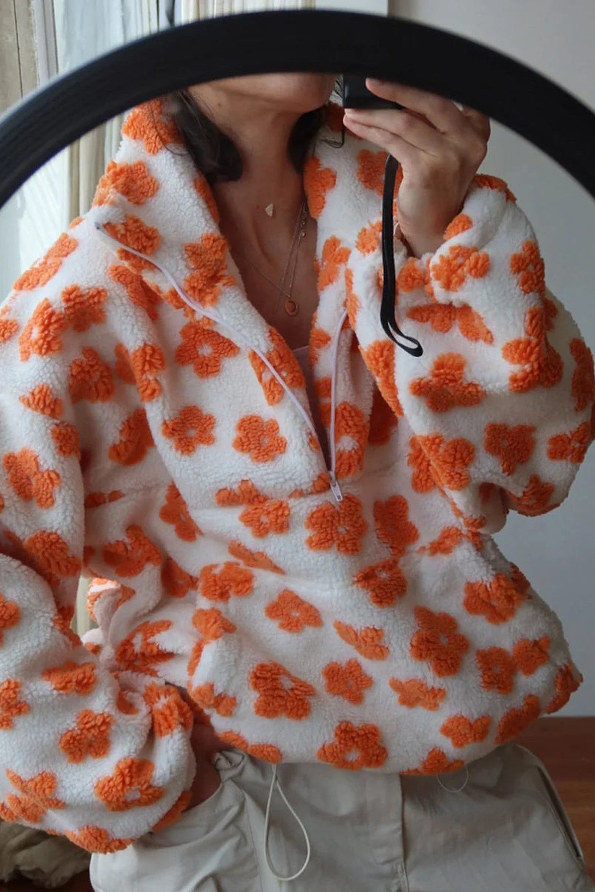 Hoodie Women - Half Zip Sweatshirt with Floral Print
