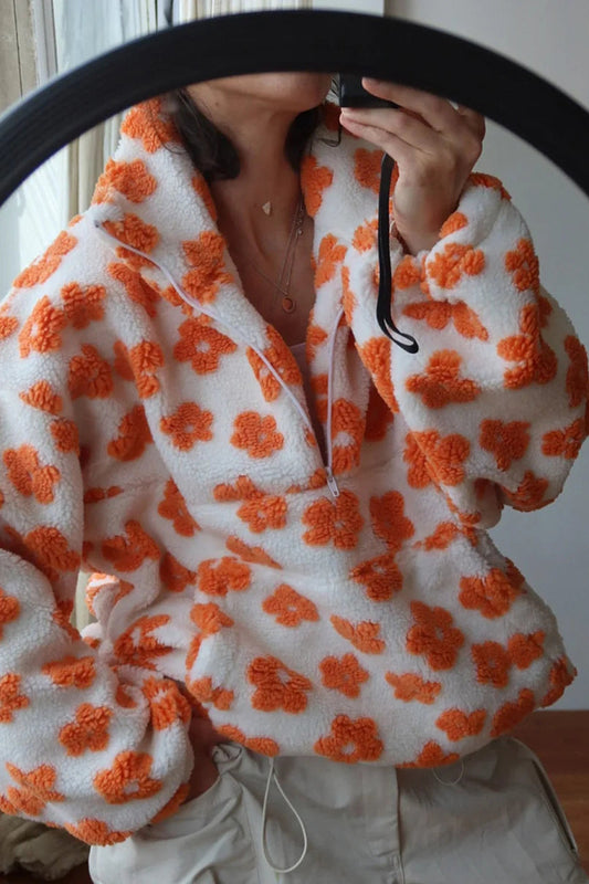 Hoodie Women - Half Zip Sweatshirt with Floral Print