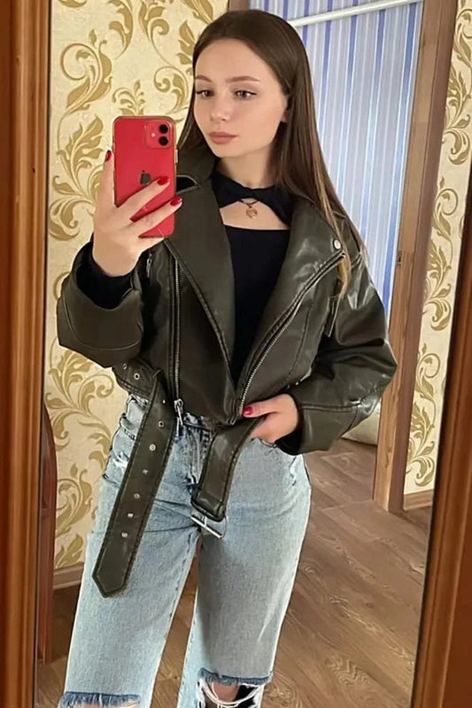 Jacket Women - Cropped Faux Leather Biker Jacket with Belt