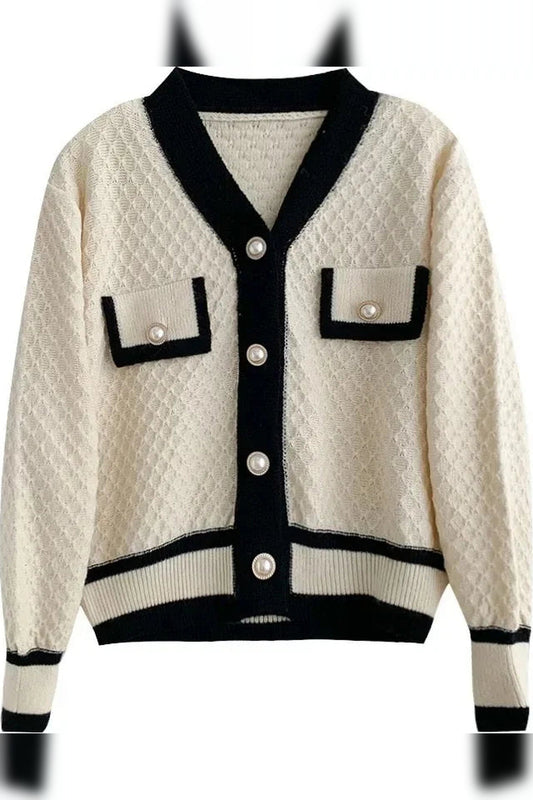 Cardigan Women - Contrast Trim Knit Cardigan with Pockets