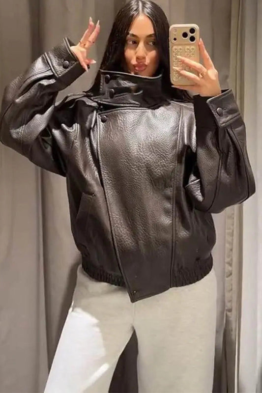Jacket Women - Faux Leather Bomber Jacket with Stand Collar