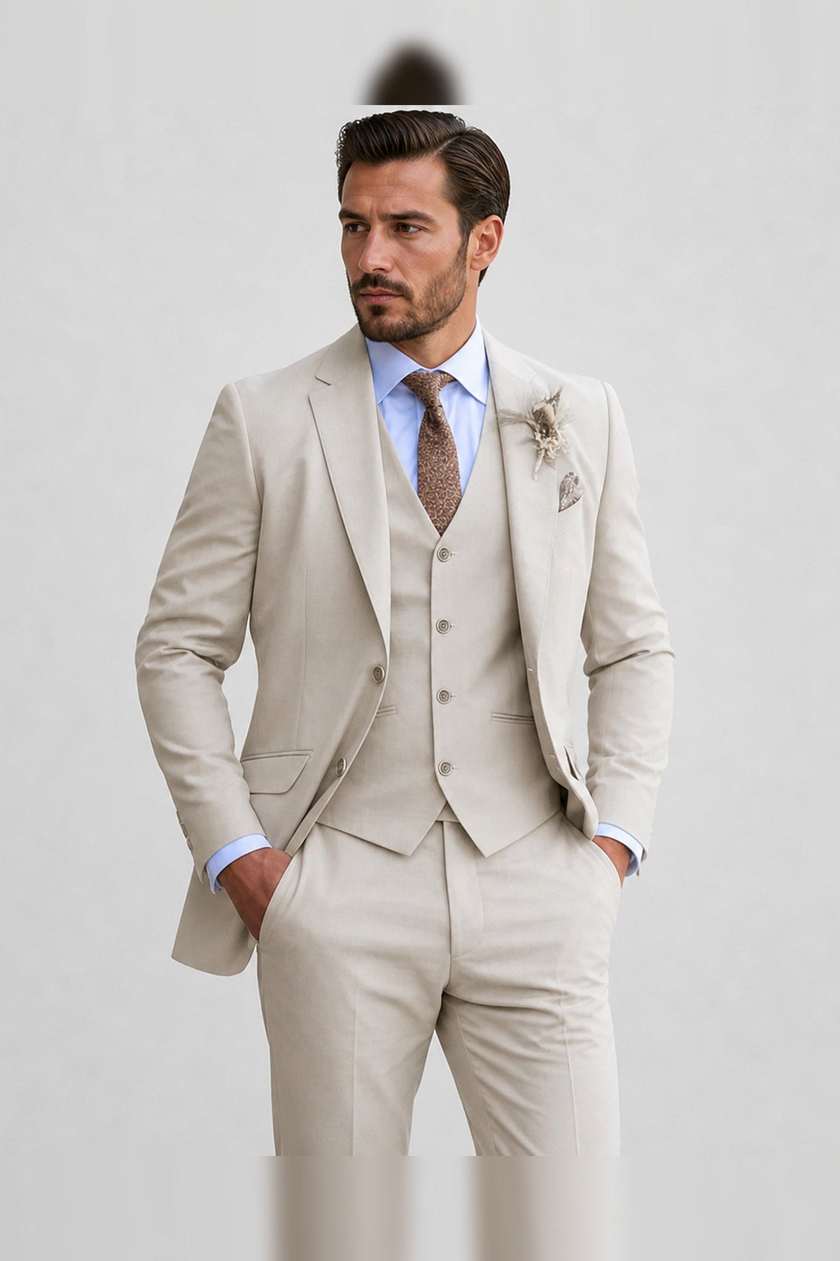 Suit Men - Linen Breathable Suit with V-Neckline