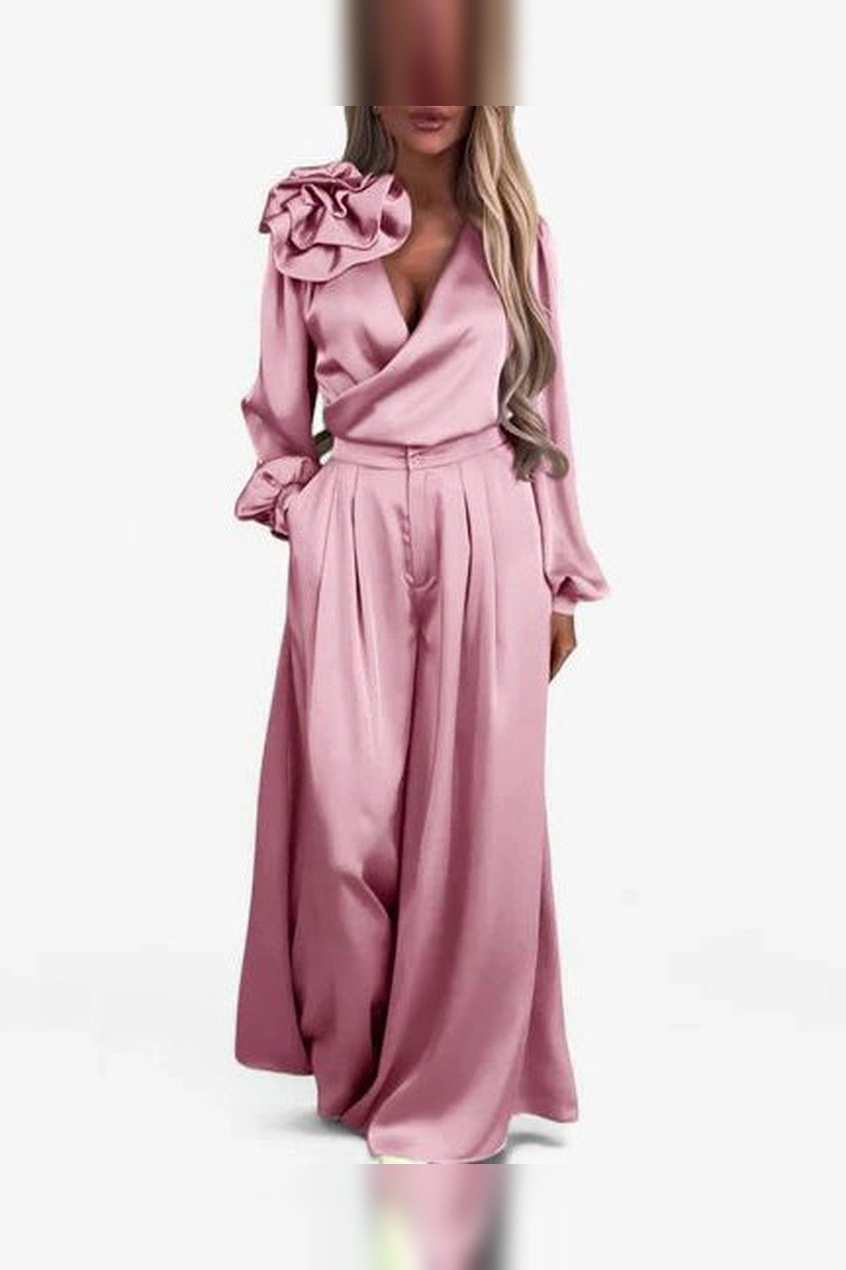 Set Women - Wrap Silk Outfit with V-Neckline