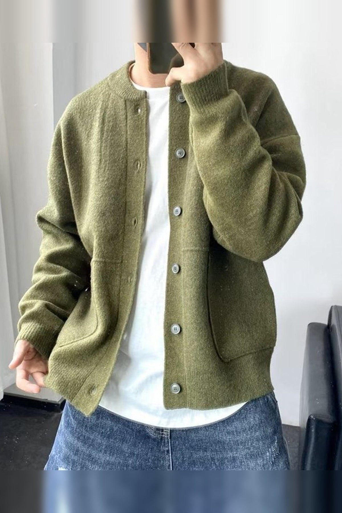 Cardigan Men - Button-Front Ribbed Cardigan with Crew Neck