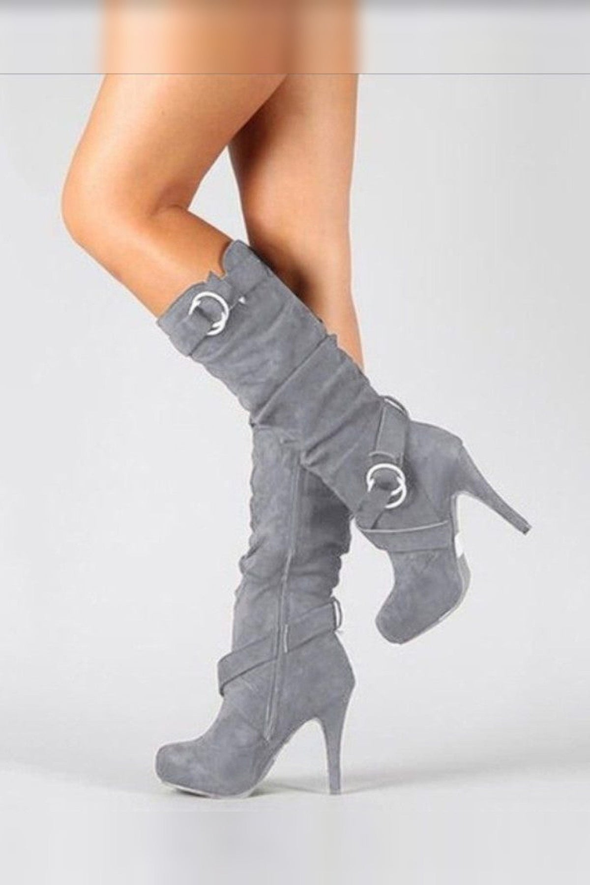 Knee High Boots Women - Suede Tailored Knee High Boots with Buckle Detail