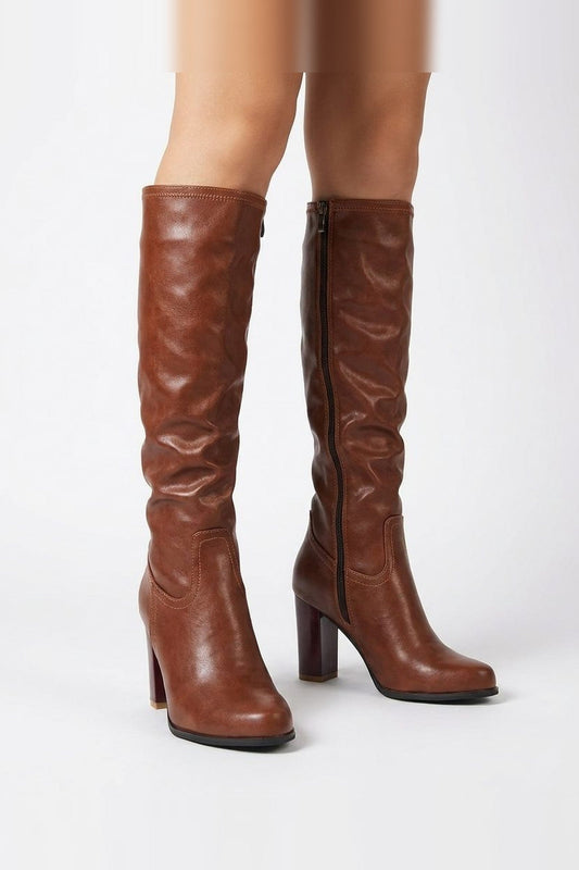 Knee High Boots Women - Leather Cropped Knee High Boots with Block Heel