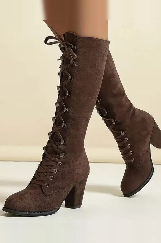 Boots Women - Lace-Up Suede Boots with Block Heel