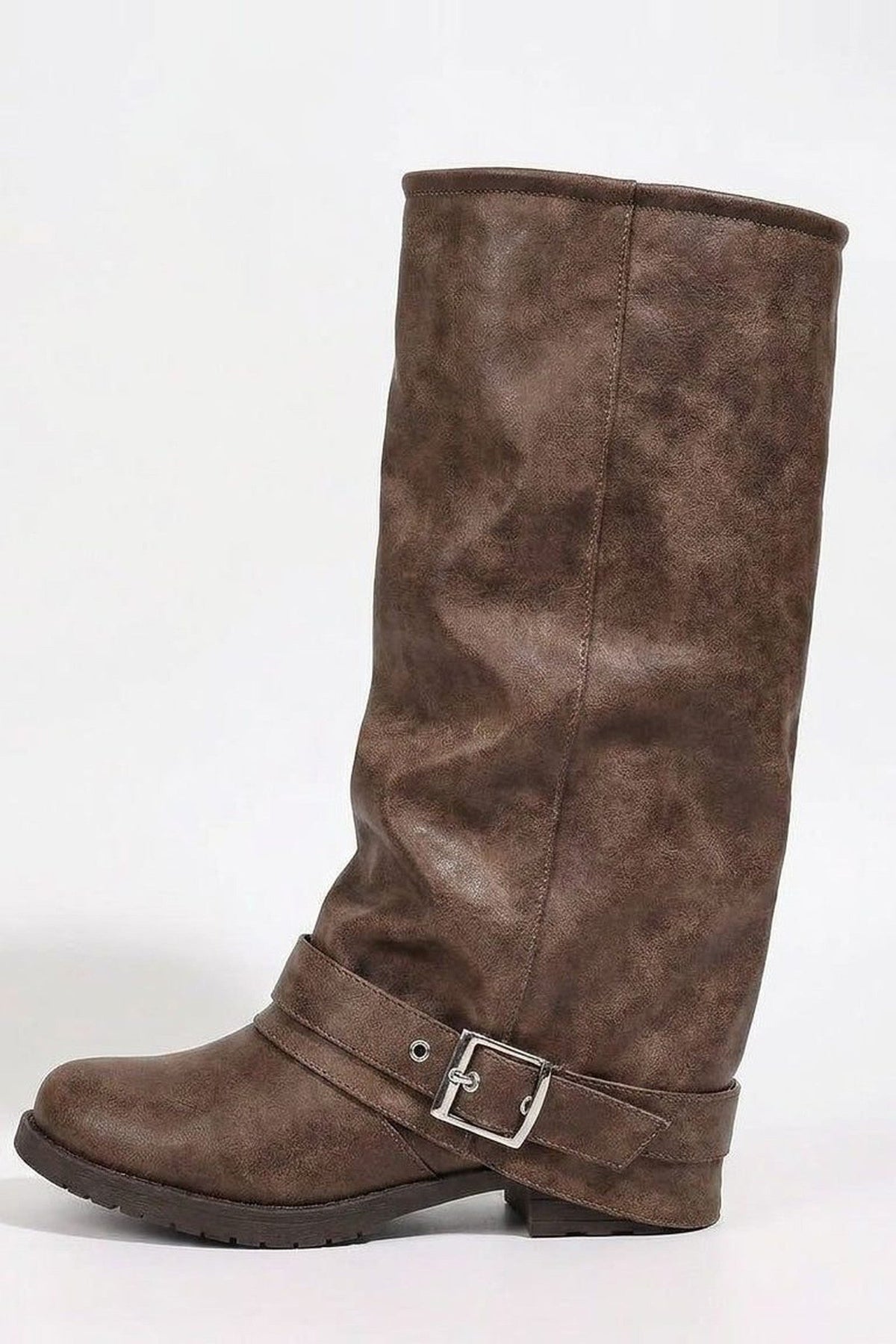 Knee High Boots Women - Slouchy Leather Knee High Boots with Buckle Detail