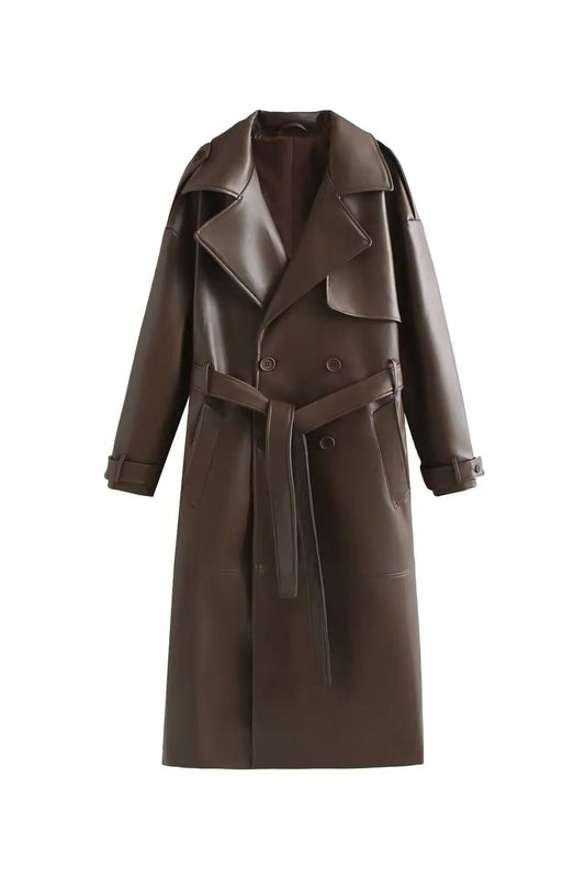 Trench Coat Women - Double-Breasted Belted Trench Coat with Long Sleeves