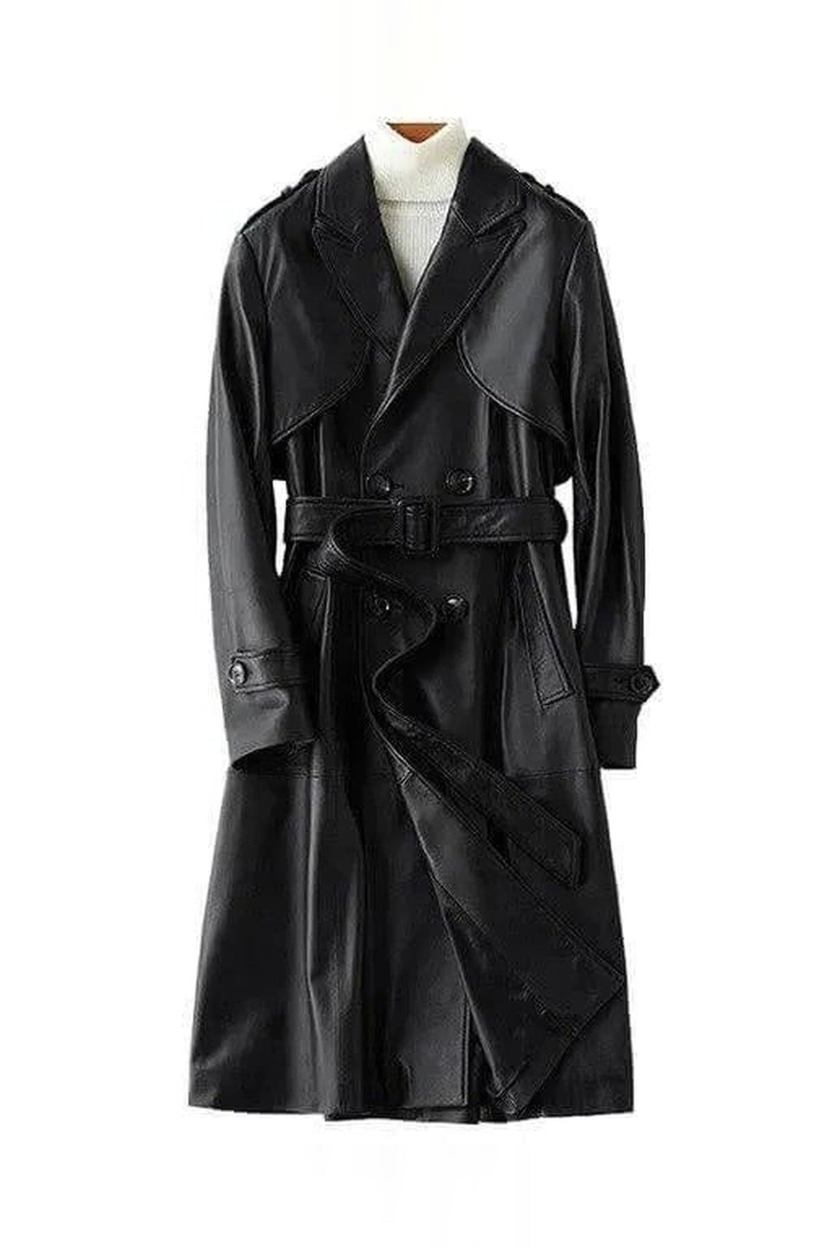 Trench Coat Women - Double-Breasted Belted Trench Coat with Long Sleeves
