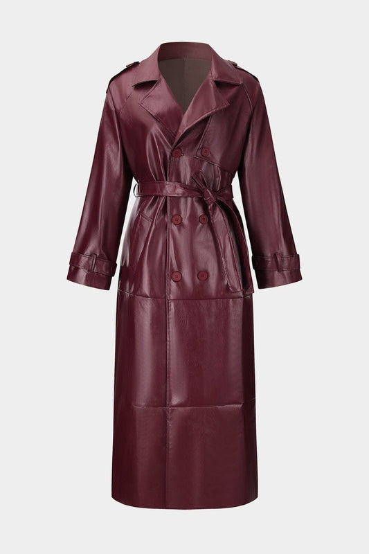 Trench Coat Women - Double-Breasted Belted Trench Coat with Long Sleeves