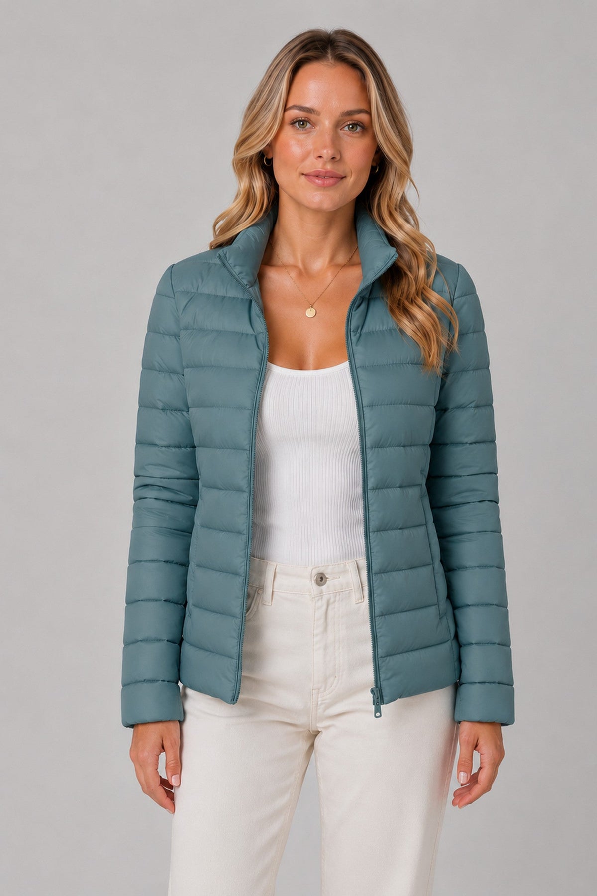 Coat Women - Zip-Front Quilted Coat with Stand Collar