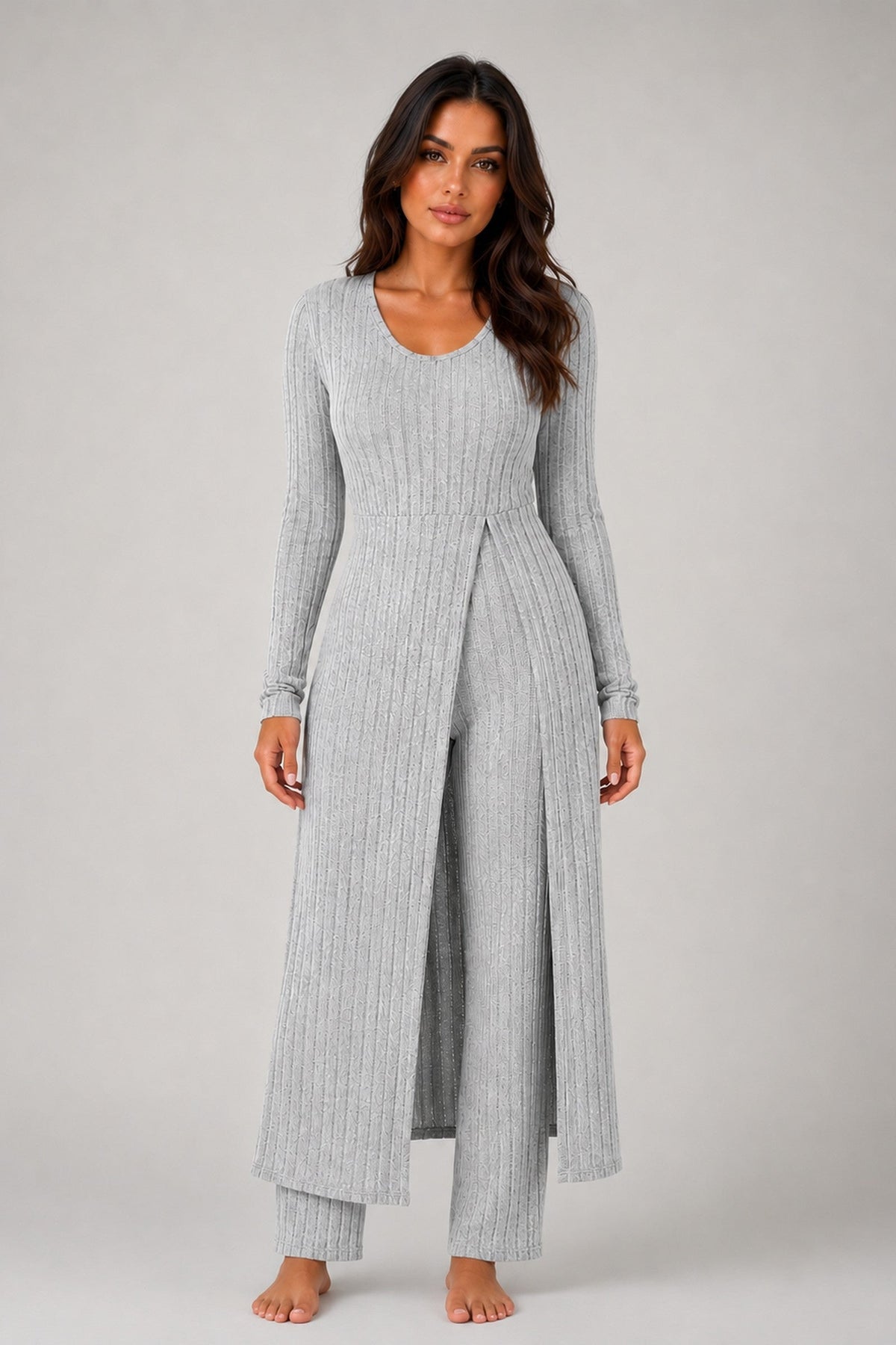 Loungewear Set Women - Ribbed Stretch Lounge Set with Long Sleeves