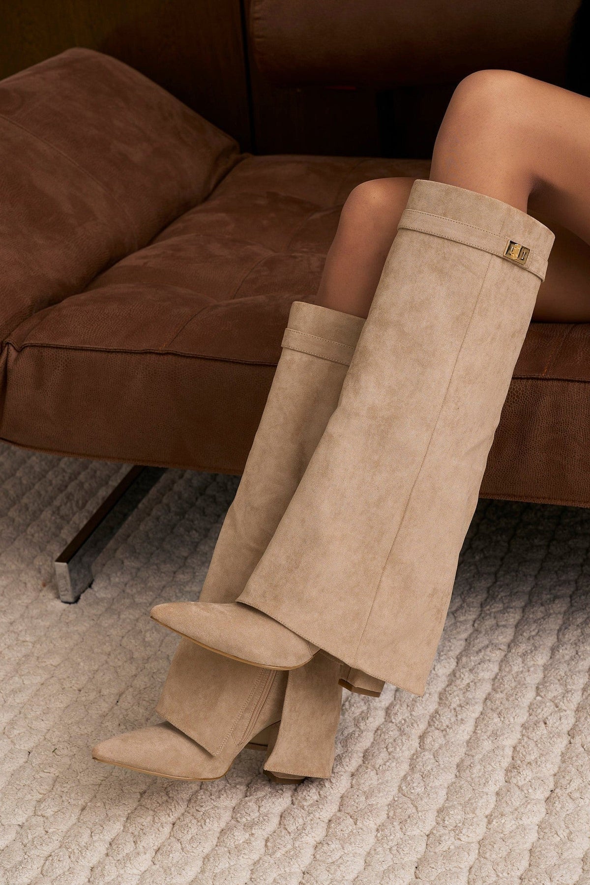 Knee High Boots Women - Fold-Over Tailored Knee High Boots with Buckle Detail