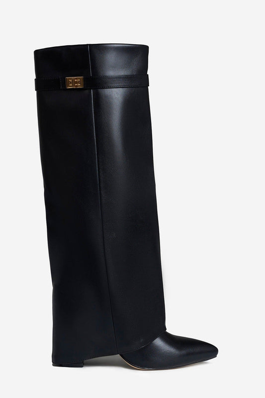 Knee High Boots Women - Fold-Over Structured Knee High Boots with Buckle Detail