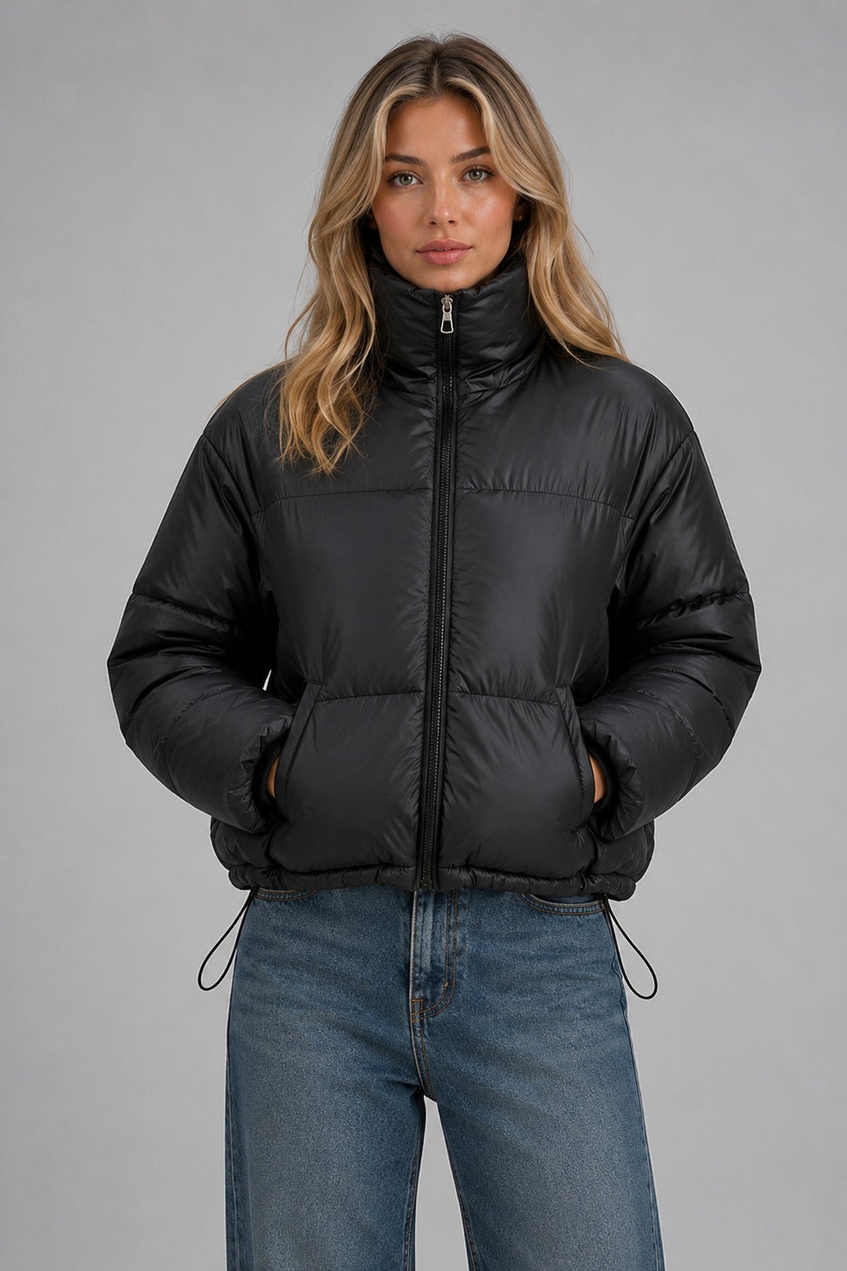 Coat Women - Quilted Padded Coat with Stand Collar