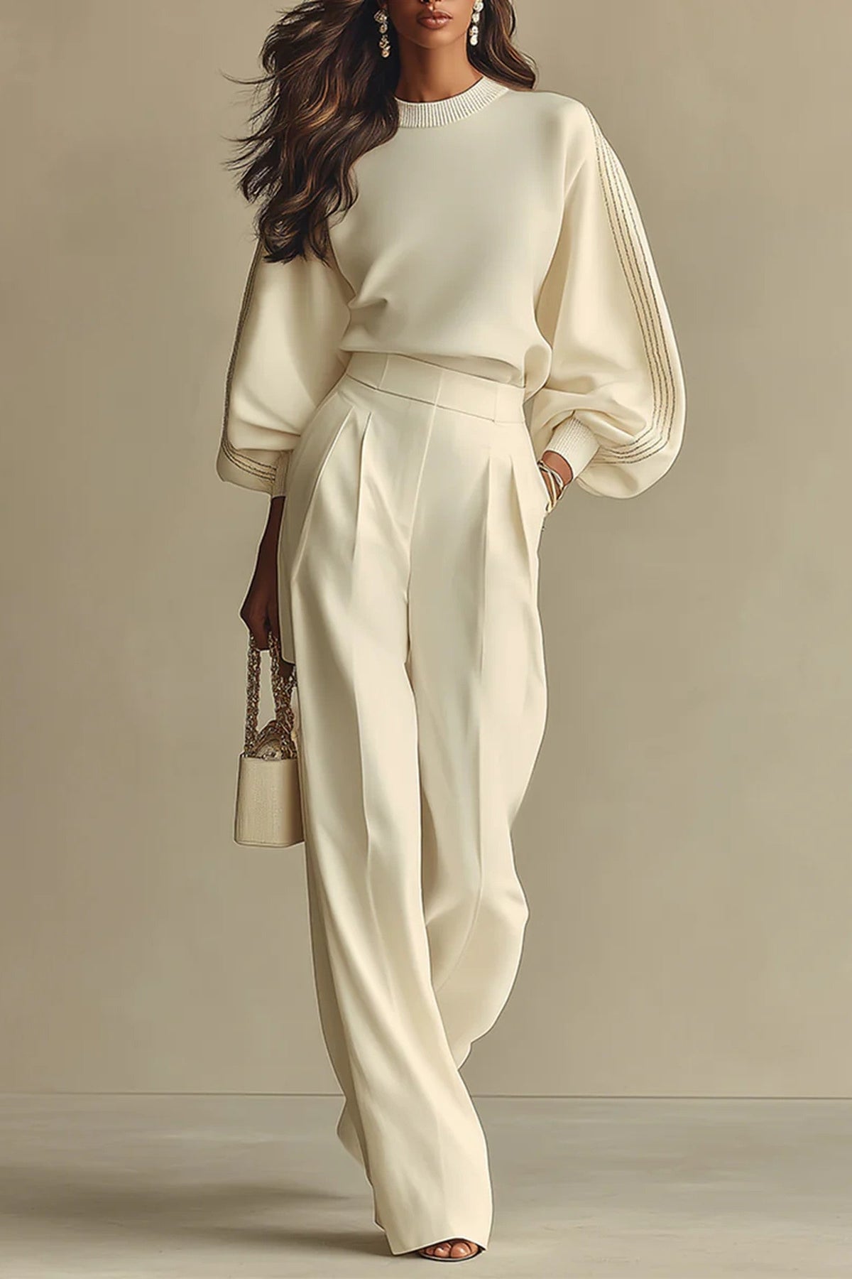 Set Women - Ribbed Knit Outfit with Crew Neck