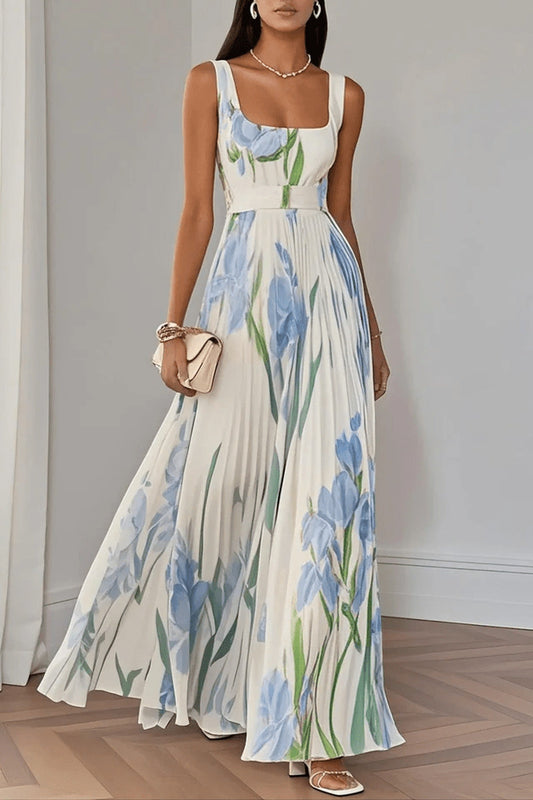 Maxi Dress Women - Chiffon Floral Maxi Dress with Square Neckline