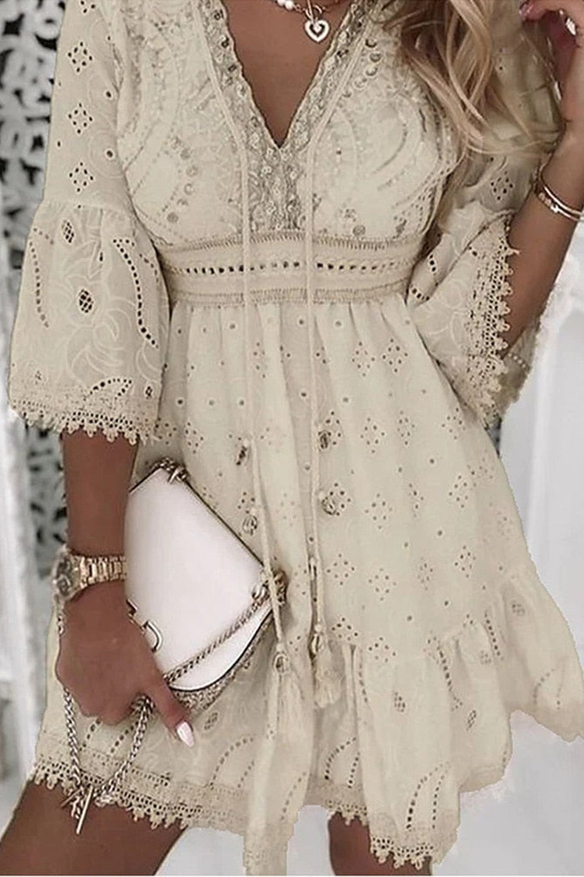 Mini Dress Women - Lace Mini Dress with V-Neckline