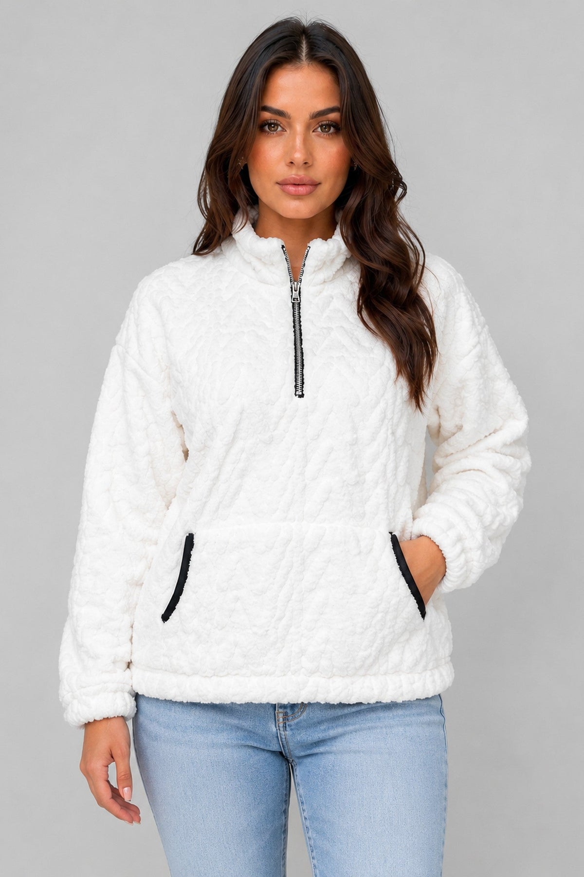 Jacket Women - Half Zip Plush Jacket with High Neck
