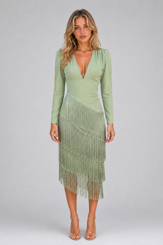 Midi Dress Women - Fringe Cocktail Midi Dress with Long Sleeve