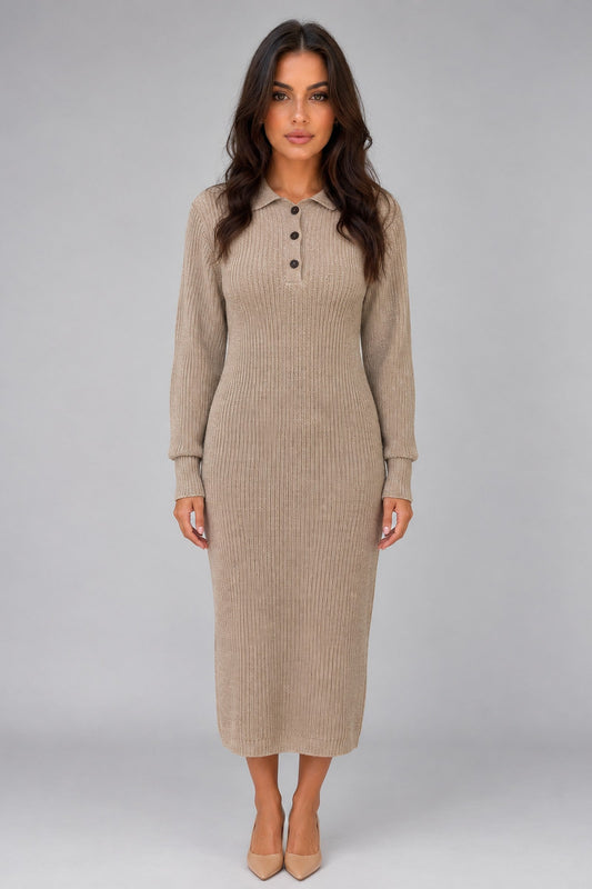 Midi Dress Women - Knitted Polo Midi Dress with Collar