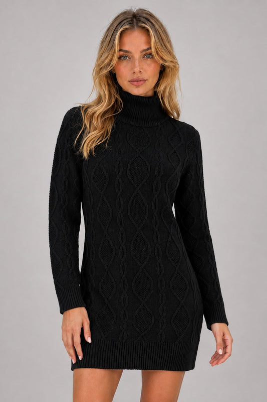 Mini Dress Women - Cable Knit Black Mini Dress with Roll Neck