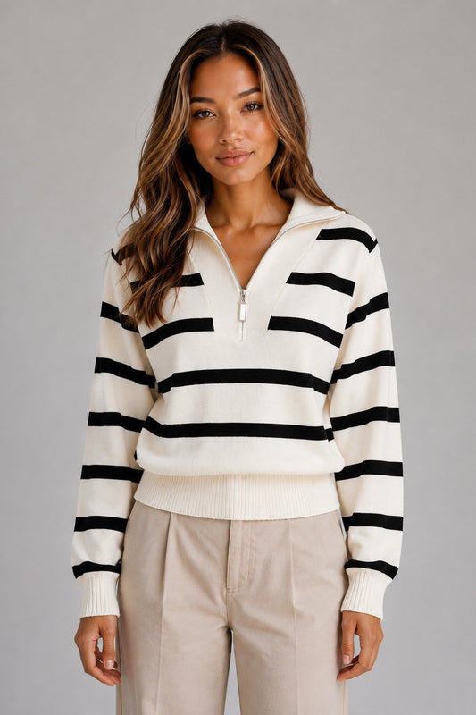 Cardigan Women - Striped Half-Zip Cardigan