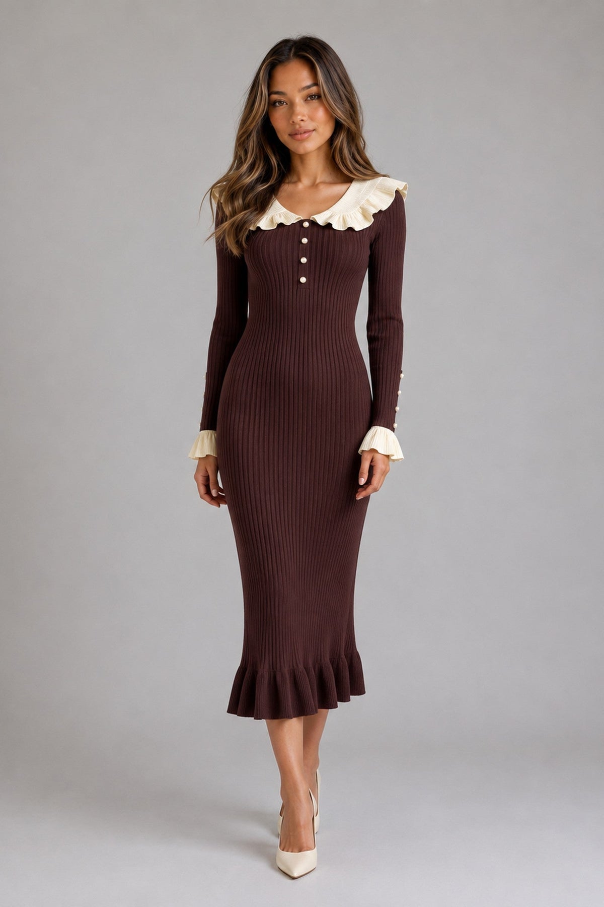 Midi Dress Women - Ribbed Knit Midi Dress with Collar