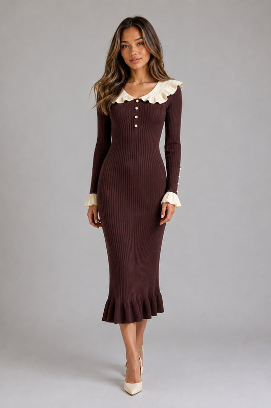 Midi Dress Women - Ribbed Knit Midi Dress with Collar