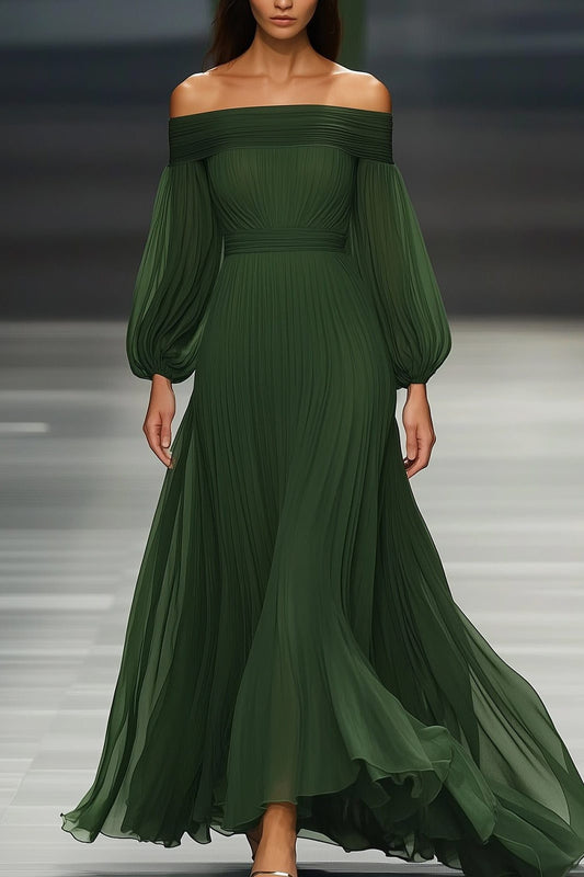 Maxi Dress Women - Off-Shoulder Pleated Maxi Dress