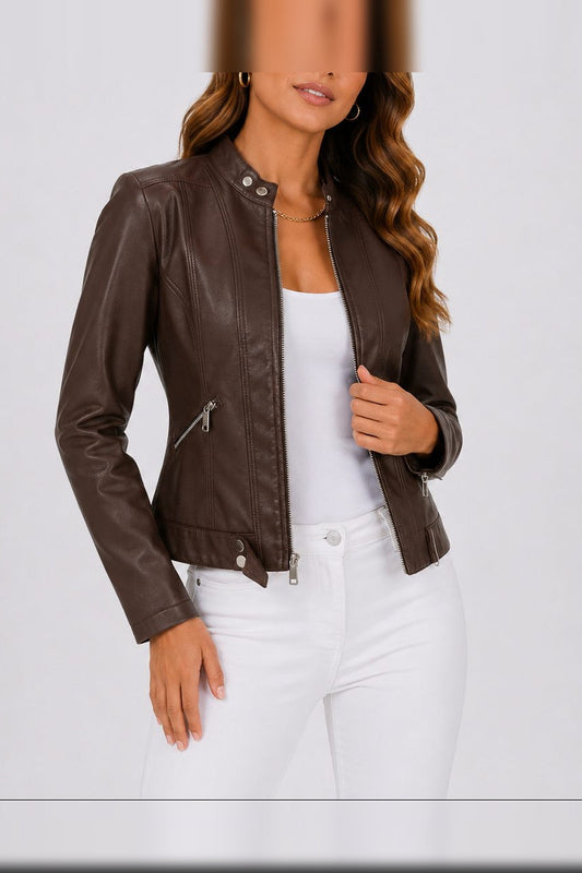 Jacket Women - Cropped Leather Look Jacket with Zip Pockets