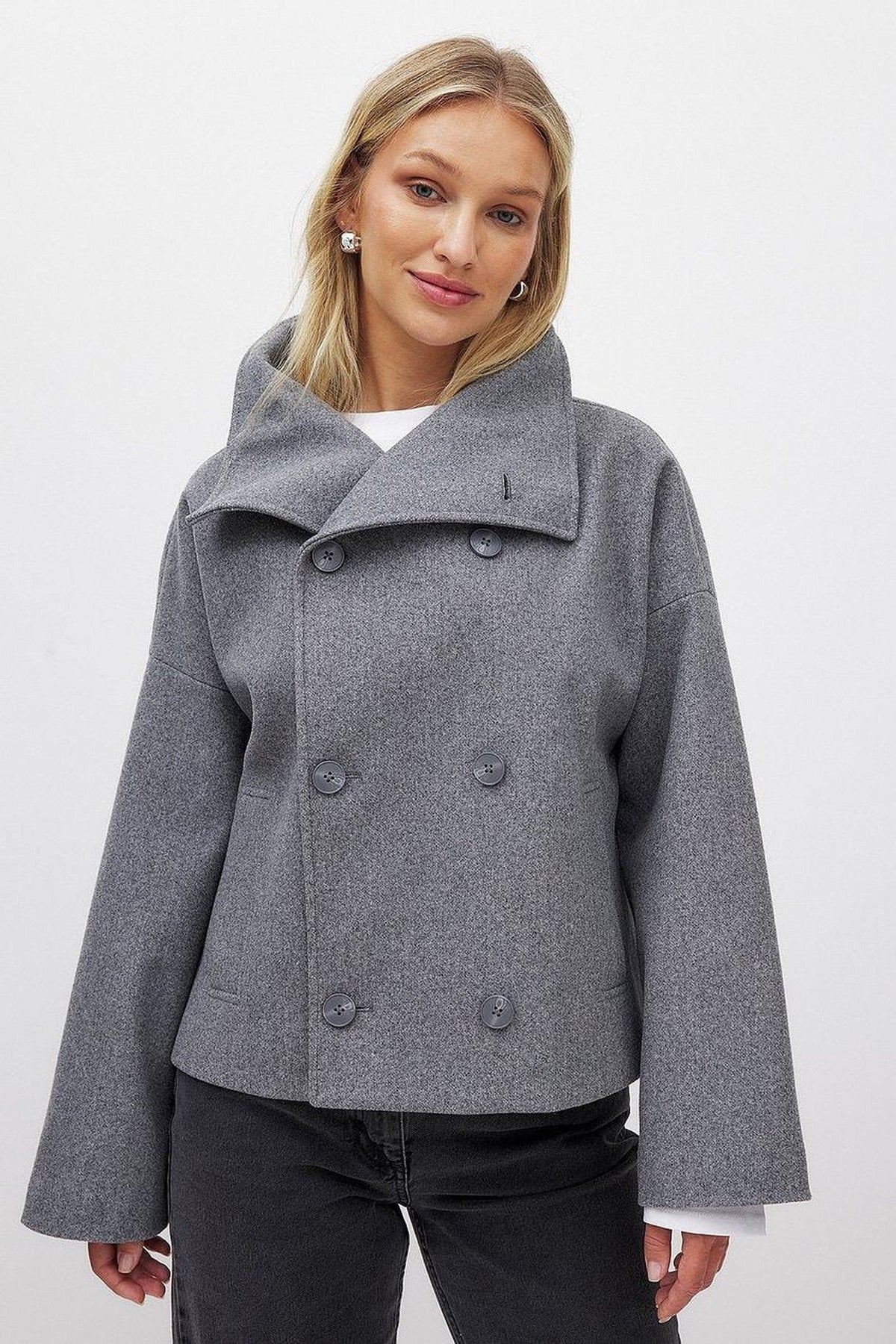 Jacket Women - Double-Breasted Wool Look Jacket with Wide Collar