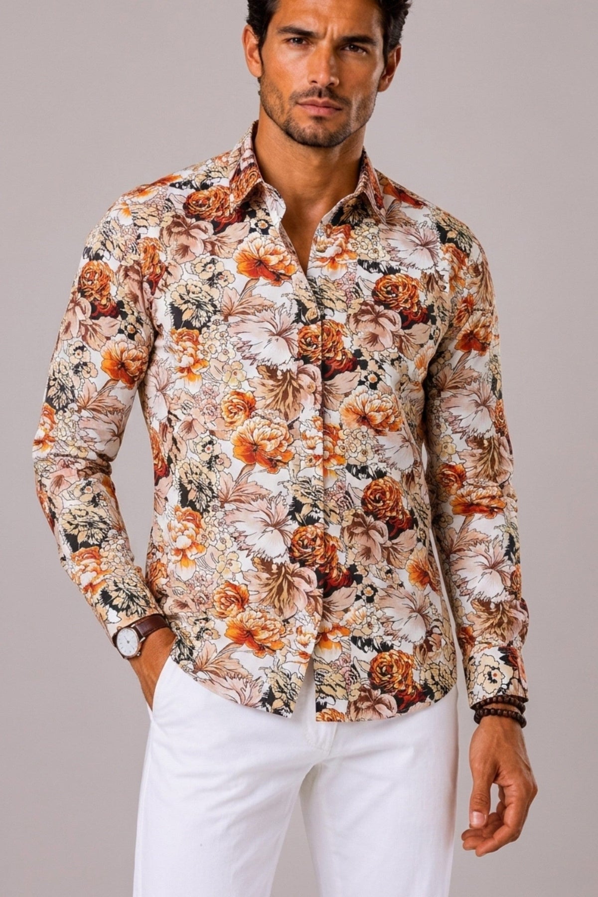 Shirt Men - Floral Print Long Sleeve Shirt with Button Front