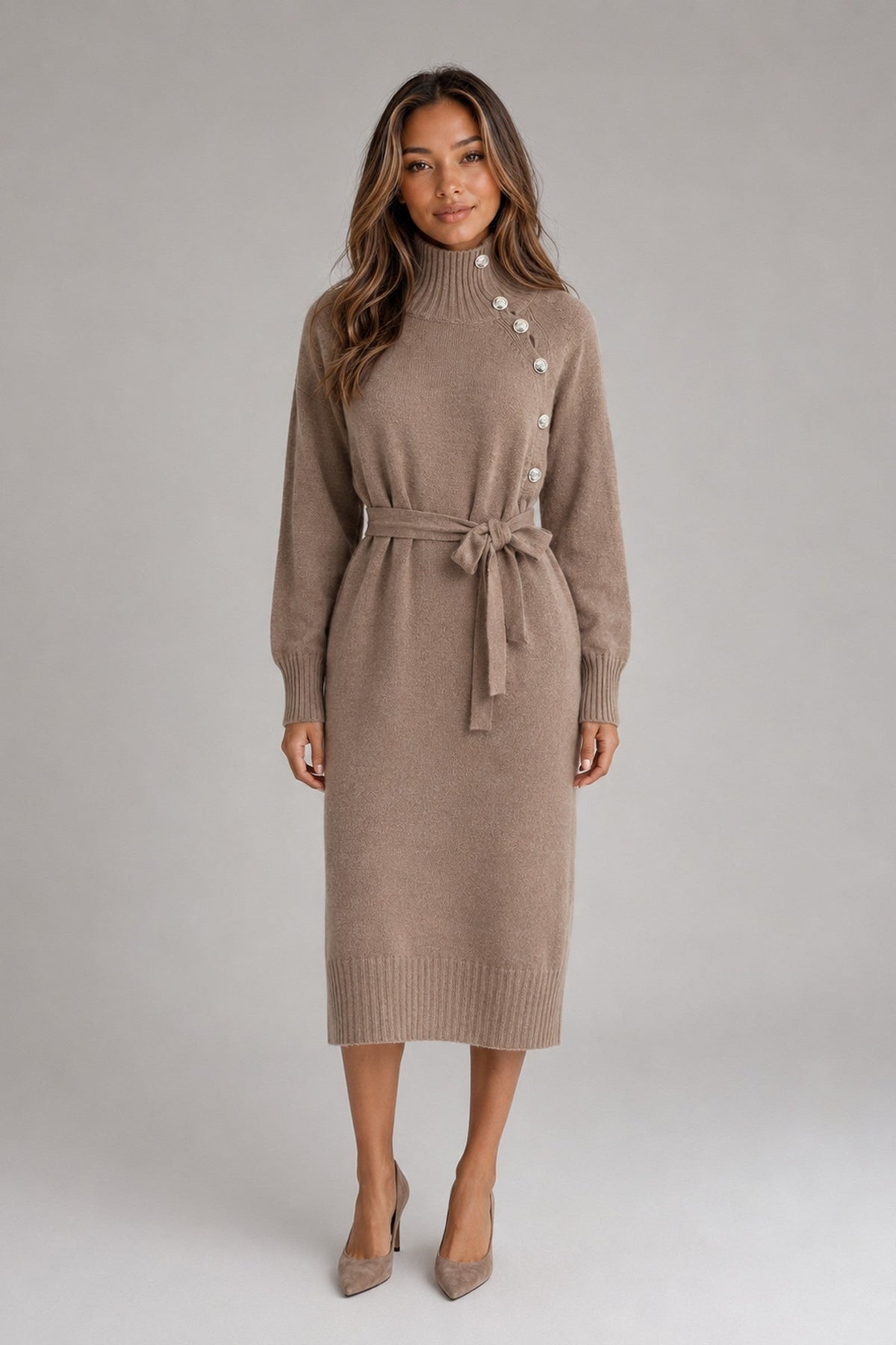 Midi Dress Women - Cotton Knitted Midi Dress with Roll Neck and Belt