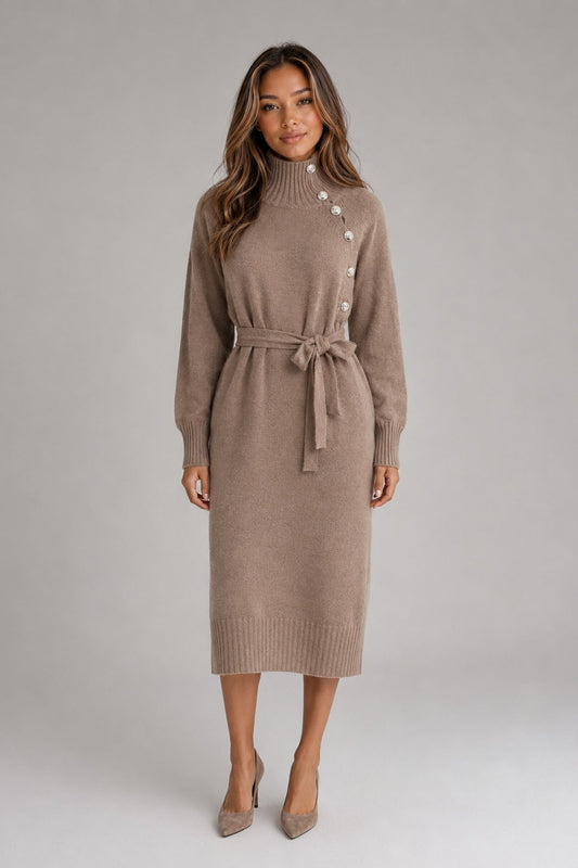 Midi Dress Women - Cotton Knitted Midi Dress with Roll Neck and Belt