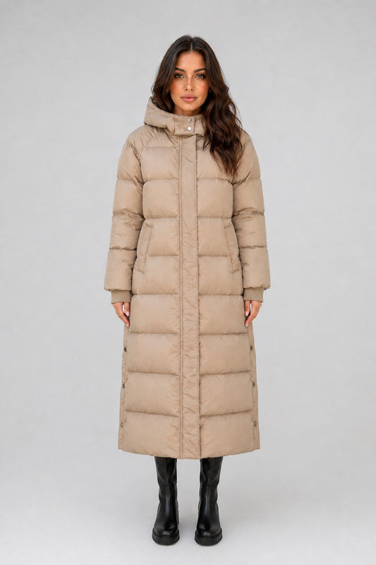 Coat Women - Long Puffer Coat with Quilted Panels