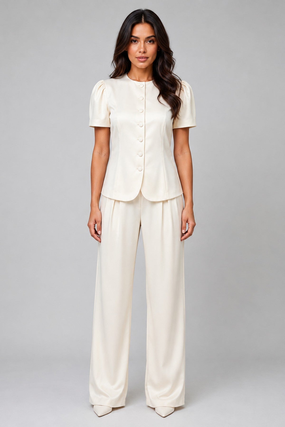 Suit Women - Two-Piece Suit with Short Sleeve Blazer and Wide Leg Trousers