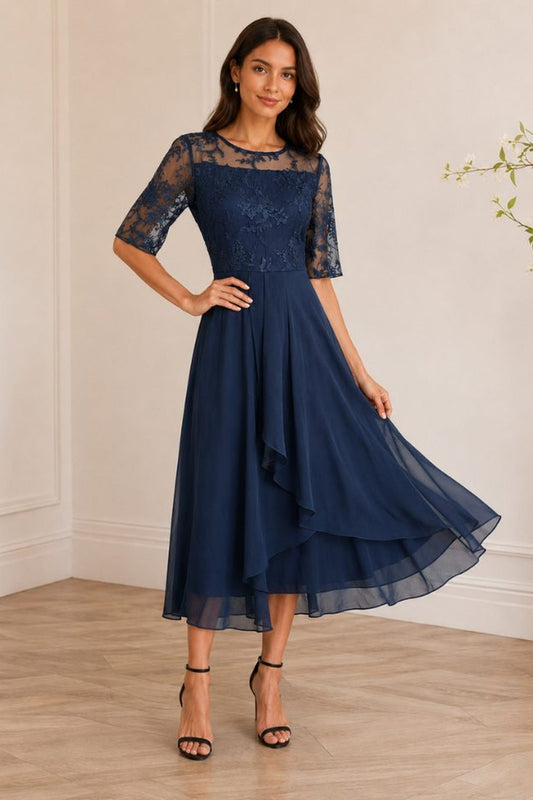 Midi Dress Women - Lace Midi Dress with Three-Quarter Sleeves