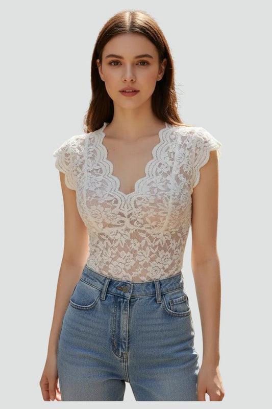 Top Women - Lace Top with V-Neckline and Ruffled Sleeves
