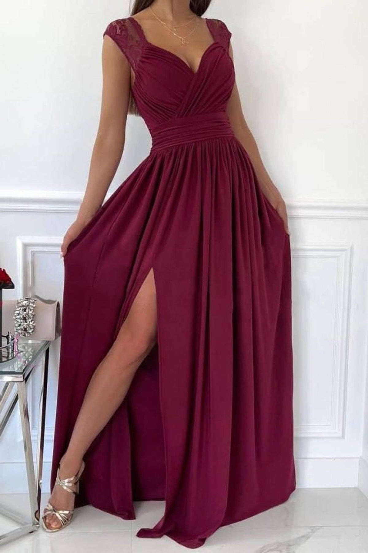 Maxi Dress Women - Wrap Maxi Dress with V-Neckline and Gathered Waist